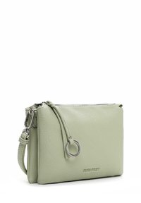 Light green textured leather wristlet with zipper closure, metal ring detail, and detachable strap on white background.