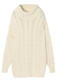 Gruby sweter w kolorze kremowym z wysokim, prążkowanym kołnierzem. Posiada teksturowany wzór w zygzaki i szerokie, długie rękawy. Miękki, przytulny materiał.