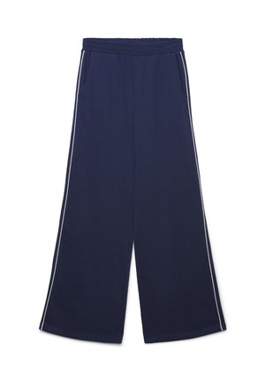 Pantaloni navy a gamba larga realizzati in tessuto morbido, con cintura elastica, due tasche laterali e strisce bianche ai lati per contrasto.