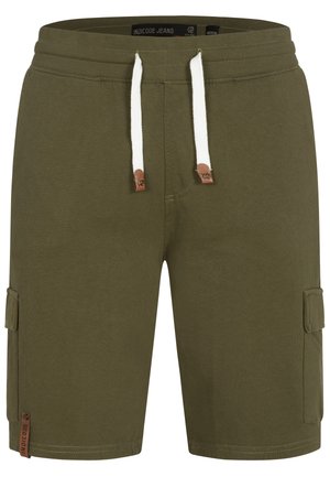 Pantalones cortos de algodón color verde oliva con cordón blanco, bolsillos laterales y detalles de cuero con marca en la cintura y el dobladillo.