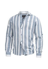 Chemise à manches longues avec rayures verticales bleues et blanches, col et poignets boutonnés, montrée partiellement déboutonnée.