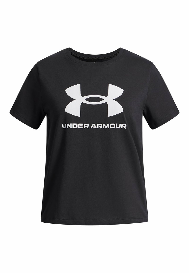 Juodas trumpas rankovėmis medvilninis marškinėliai suapvalintu iškirpimu, priekyje turintis didelį baltą "Under Armour" logotipą.