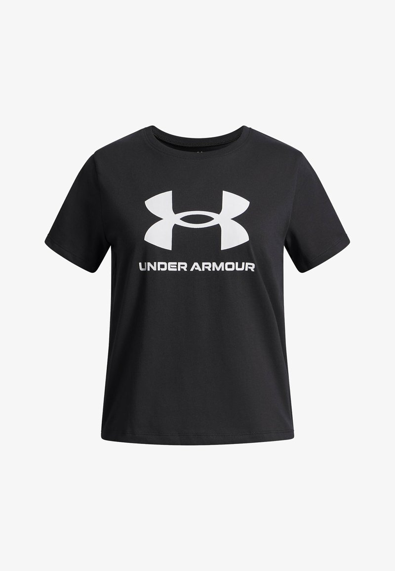 Melnas īsām piedurknēm T-krekls, izgatavots no kokvilnas, ar apaļu kakla izgriezumu, ar lielu baltu Under Armour logo priekšpusē.