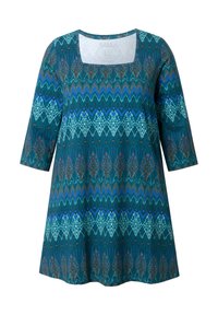 Türaubene Tunika mit quadratischem Ausschnitt und dreiviertel Ärmeln. Verfügt über ein geometrisches Muster in Blau-, Grün- und Brauntönen. Weicher Stoff.