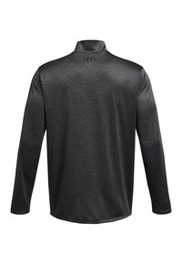 Langarmige schwarze Sportshirt, leichtes Material, hoher Kragen, strukturierte Oberfläche, mit Logo im Nackenbereich. Glattes und figurnahes Design.