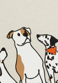 Ilustracja trzech psów: psa białego w brązowe łatki, dalmatyńczyka i psa w pomarańczowej chustce. Czarne kontury na jasnobeżowym tle.