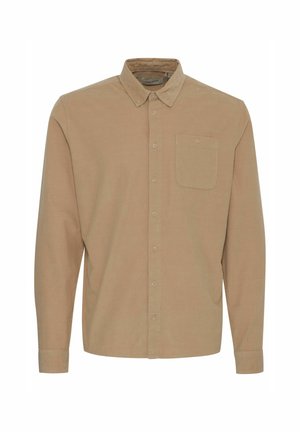 Beige overhemd met lange mouwen, kraag en één borstzak. Gemaakt van textuurstof met zichtbare naaddetails.