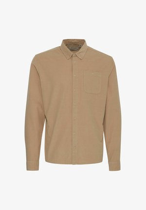 Beige overhemd met lange mouwen, kraag en één borstzak. Gemaakt van textuurstof met zichtbare naaddetails.