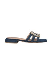 Denim slide sandals with a low block heel, featuring three straps and a decorative rhinestone accent at the front.
