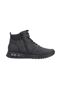 Schwarze High-Top-Sneaker aus Leder mit strukturierter Oberfläche, ausgestattet mit einem seitlichen Reißverschluss, Schnürverschluss und einer gepolsterten Sohle.