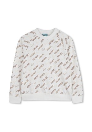 White sweatshirt with gold and brown logo pattern, crew neckline, and ribbed cuffs. Soft fabric with relaxed fit and subtle sheen.