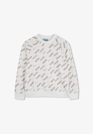 Sweat-shirt blanc avec un motif de logo doré et marron, col rond et poignets côtelés. Tissu doux avec une coupe décontractée et un léger éclat.