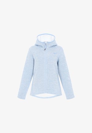 Sudadera azul claro con capucha, cremallera completa, tejido suave y sutil textura. Presenta un dobladillo trasero más largo y un cordón en la capucha.