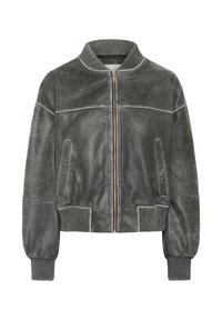 Gray leather bomber jacket with a ribbed collar. Features a front zipper, two side pockets, and textured fabric with visible stitching details.