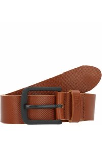 Brauner Leder-Gürtel mit strukturiertem Finish, ausgestattet mit einer schwarzen Metallschnalle und Logodetail, entworfen für Langlebigkeit und Stil.
