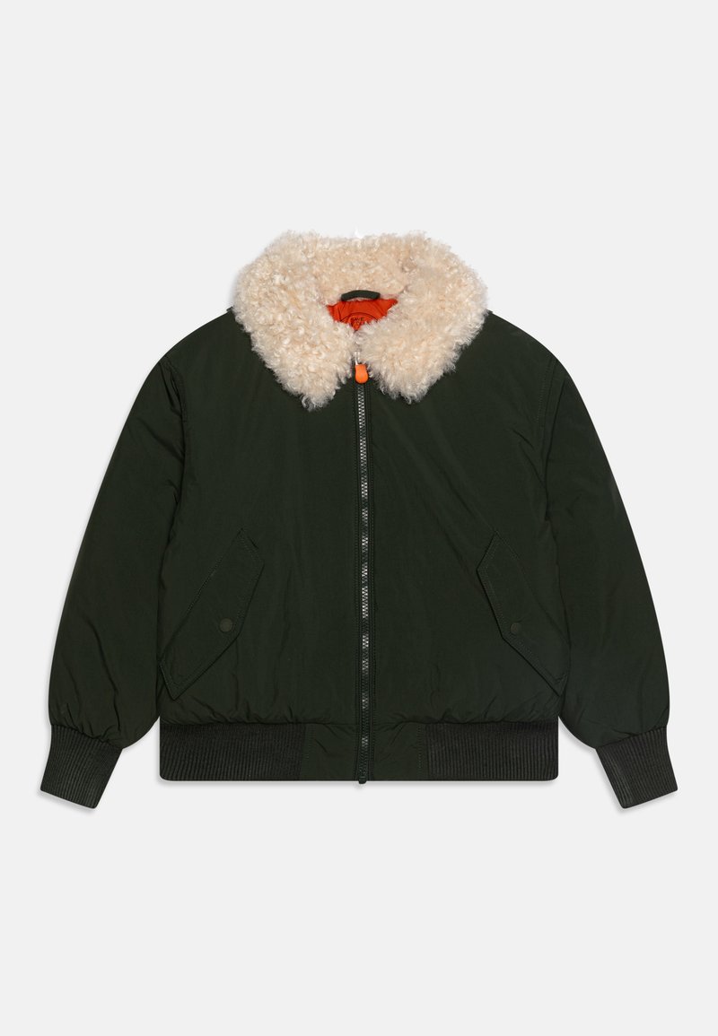 Donkergroene bomberjack met een beige nepbont kraag, ritssluiting aan de voorkant, zijzakken en elastische manchetten, met een oranje binnenvoering.