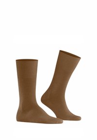Calze di cotone marroni con una texture liscia, punte a coste e un motivo di colore uniforme. Disponibili in una forma standard da calza.