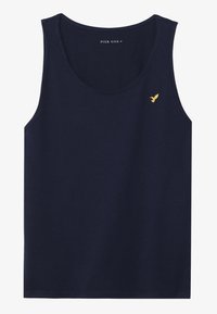 Tamsiai mėlynas liemenukas, pagamintas iš minkštos medžiagos, su apvaliu kaklu ir mažu auksiniu paukščio logotipu kairėje krūtinės pusėje.