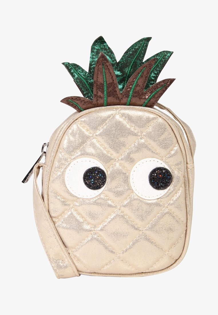 Borsa dorata trapuntata a forma di ananas con foglie verdi glitterate, grandi occhi con accenti neri brillanti e una tracolla.