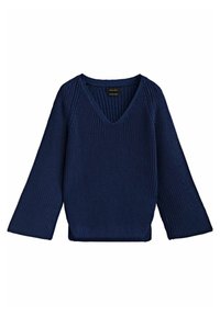 Marineblauer Strickpullover mit V-Ausschnitt, langen Glockenärmeln und einer lockeren Passform. Strukturiertes Muster über das gesamte Teil mit leicht abgerundetem Saum.