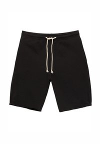 Shorts noirs en tissu doux, avec une taille élastique à cordon de serrage de couleur crème contrastante, un ajustement décontracté et des détails d'ourlet brut.