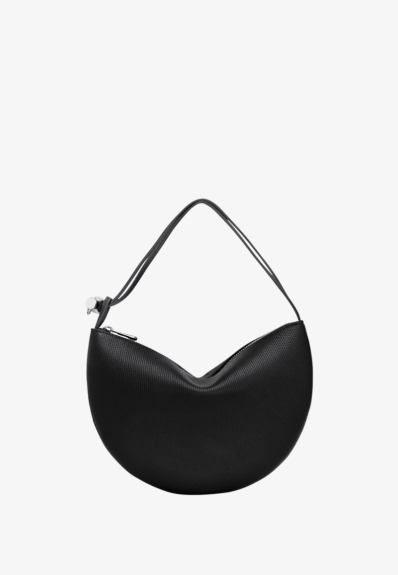 Black handbag with a textured finish, curved shape, and a thin shoulder strap. Features a zip closure and minimalist design.