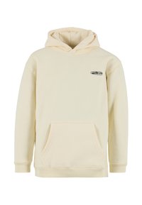 Sudadera con capucha color beige claro hecha de algodón suave. Cuenta con un bolsillo tipo canguro y puños de canalé. Pequeño logo negro en la parte superior izquierda.