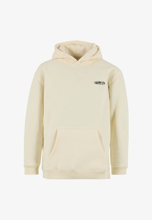 Sweat à capuche beige clair en coton doux. Comprend une poche kangourou et des poignets côtelés. Petit logo noir sur le côté supérieur gauche.
