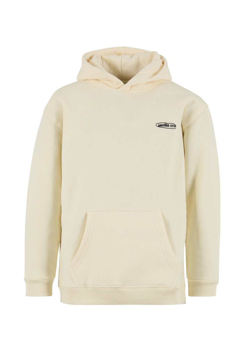 Sudadera con capucha color beige claro hecha de algodón suave. Cuenta con un bolsillo tipo canguro y puños de canalé. Pequeño logo negro en la parte superior izquierda.