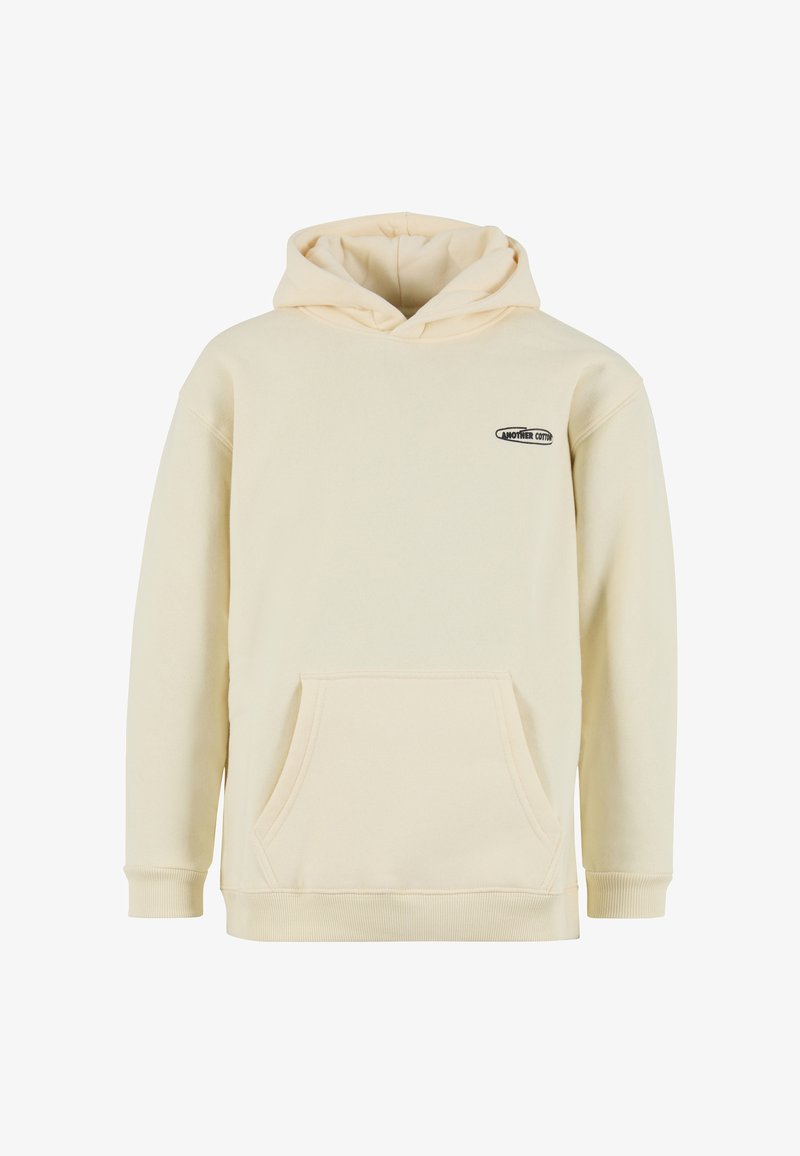 Sudadera con capucha color beige claro hecha de algodón suave. Cuenta con un bolsillo tipo canguro y puños de canalé. Pequeño logo negro en la parte superior izquierda.