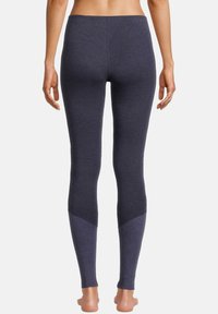 Marineblå leggings med en tætsiddende pasform og teksturerede, kontrasterende nederste paneler. Glat materiale, mellemhøj talje, ingen synlig hardware eller accenter.