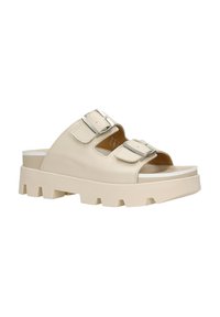 Sandali platform beige con due cinturini regolabili in argento, design open toe e suola testurizzata per una migliore aderenza. Parte superiore in pelle liscia.