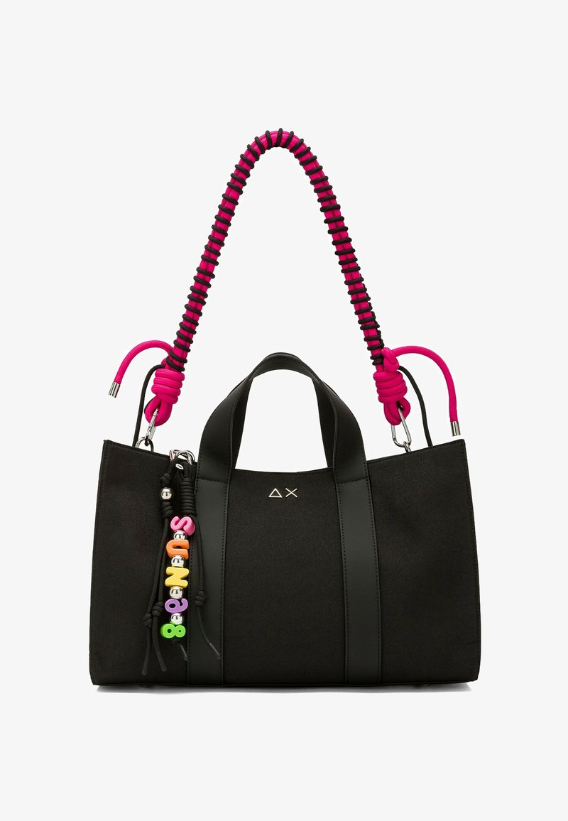 Borsa tote nera con due manici corti e una tracolla a spirale rosa e nera removibile, decorata con perline colorate che formano la parola "Sun68".