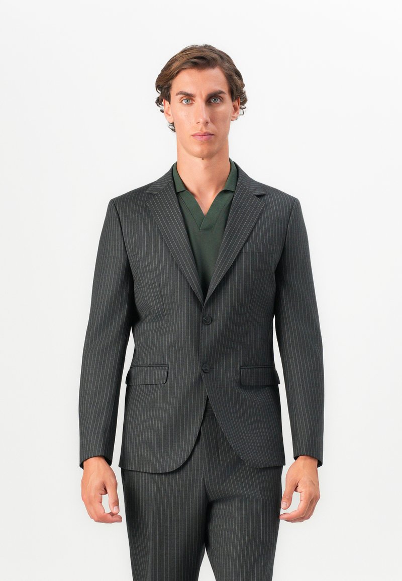 Uomo con capelli corti e mossi, che indossa un completo grigio scuro a righe e una maglietta verde scuro a collo a V, in piedi contro uno sfondo bianco.