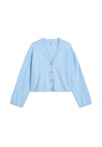 Jasnoniebieski kardigan z dekoltem w serek, długimi rękawami i pięcioma guzikami z przodu. Wykonany z miękkiej dzianiny, z prążkowanymi mankietami i ściągaczem na dole.