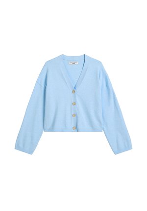 Jasnoniebieski kardigan z dekoltem w serek, długimi rękawami i pięcioma guzikami z przodu. Wykonany z miękkiej dzianiny, z prążkowanymi mankietami i ściągaczem na dole.
