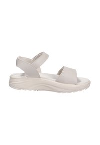 Sandalias gris claro con correas ajustables, parte superior de cuero texturizado, plantilla acolchada y suela contorneada y ligera.