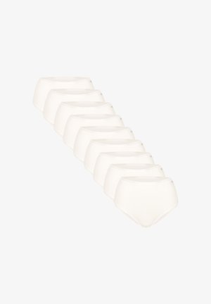 Set aus acht weißen nahtlosen Damenunterhosen mit hoher Taille, diagonal auf einem weißen Hintergrund angeordnet.