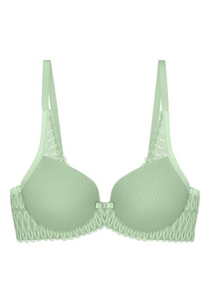 Jasnozielony biustonosz wykonany z siateczkowego materiału o teksturowanym wzorze. Posiada gładkie miseczki, regulowane ramiączka oraz koronkowe wykończenie na brzegach.