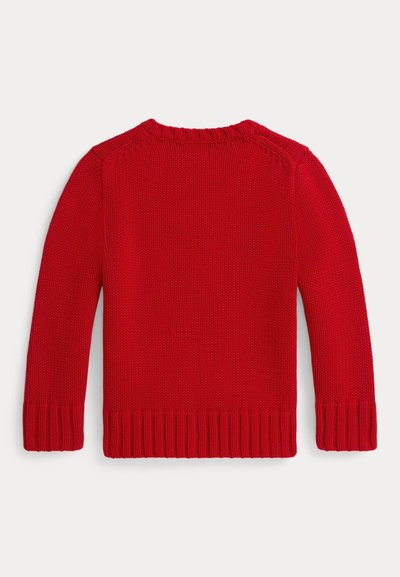 Punane kootud kampsun soonikkoes varrukate ja äärega. Omadused hõlmavad sileda tekstuuriga ja ümmargust kaelust. Tagakülg näitab õmblusteta õlavõtet.