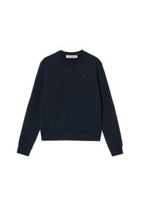 Felpa in cotone blu navy con colletto tondo, maniche lunghe, polsini a coste e un piccolo logo sul petto. Tessuto liscio.