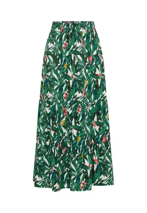 Jupe longue à design à étages, taille élastique avec cordon, imprimé floral coloré et feuillu vert sur fond blanc.
