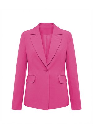 Blazer femme rose vif avec une fermeture à un bouton, revers crantés, manches longues et deux poches avant à rabat.