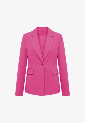 Blazer femme rose vif avec une fermeture à un bouton, revers crantés, manches longues et deux poches avant à rabat.