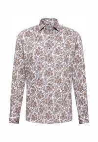 Camicia a maniche lunghe di colore bianco con un motivo floreale paisley marrone. Presenta un colletto con bottoni e bottoni lungo la parte anteriore. Tessuto morbido.