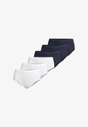 Sześć par damskiej bielizny: trzy białe i trzy granatowe. Materiał bawełniany, fason z podwyższonym stanem, gładka faktura, z elastycznymi pasami w talii.