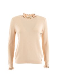 Crèmekleurige trui met ronde halslijn, gerimpelde kraag, textuur met stippen en gathered mouwen met kleine knopen.