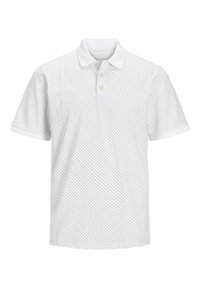 Fehér polo póló diszkrét geometriai mintával, rövid ujjal, lapos gallérral és három gombos állíthatósággal. Puha pamut anyag.