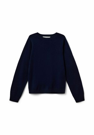 Pull bleu marine à manches longues avec col rond, poignets et bas côtelés, présenté à plat sur fond blanc.