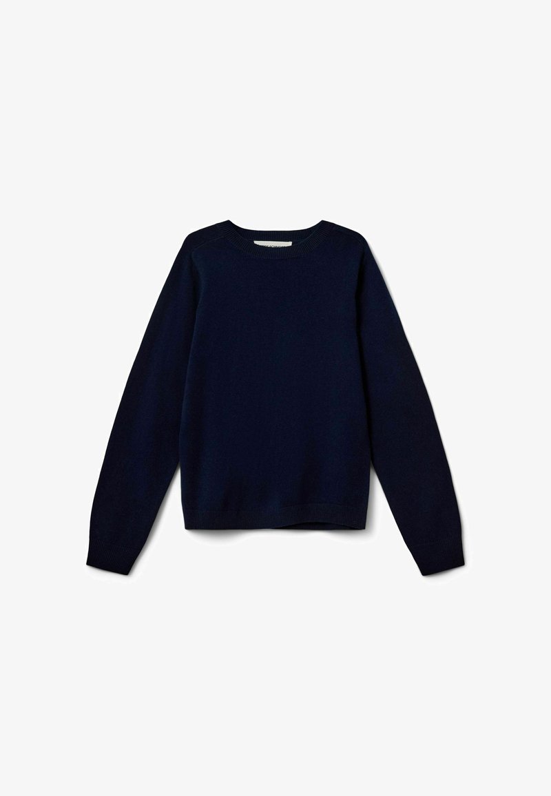 Pull bleu marine à manches longues avec col rond, poignets et bas côtelés, présenté à plat sur fond blanc.